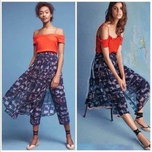 Anthropologie HD in Paris Skirted Waterfront Pants in Navy Blue Print Size 8
